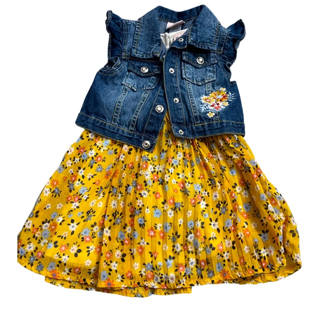 New Little Lass Girls dress yellow with flower matching set jeans vest